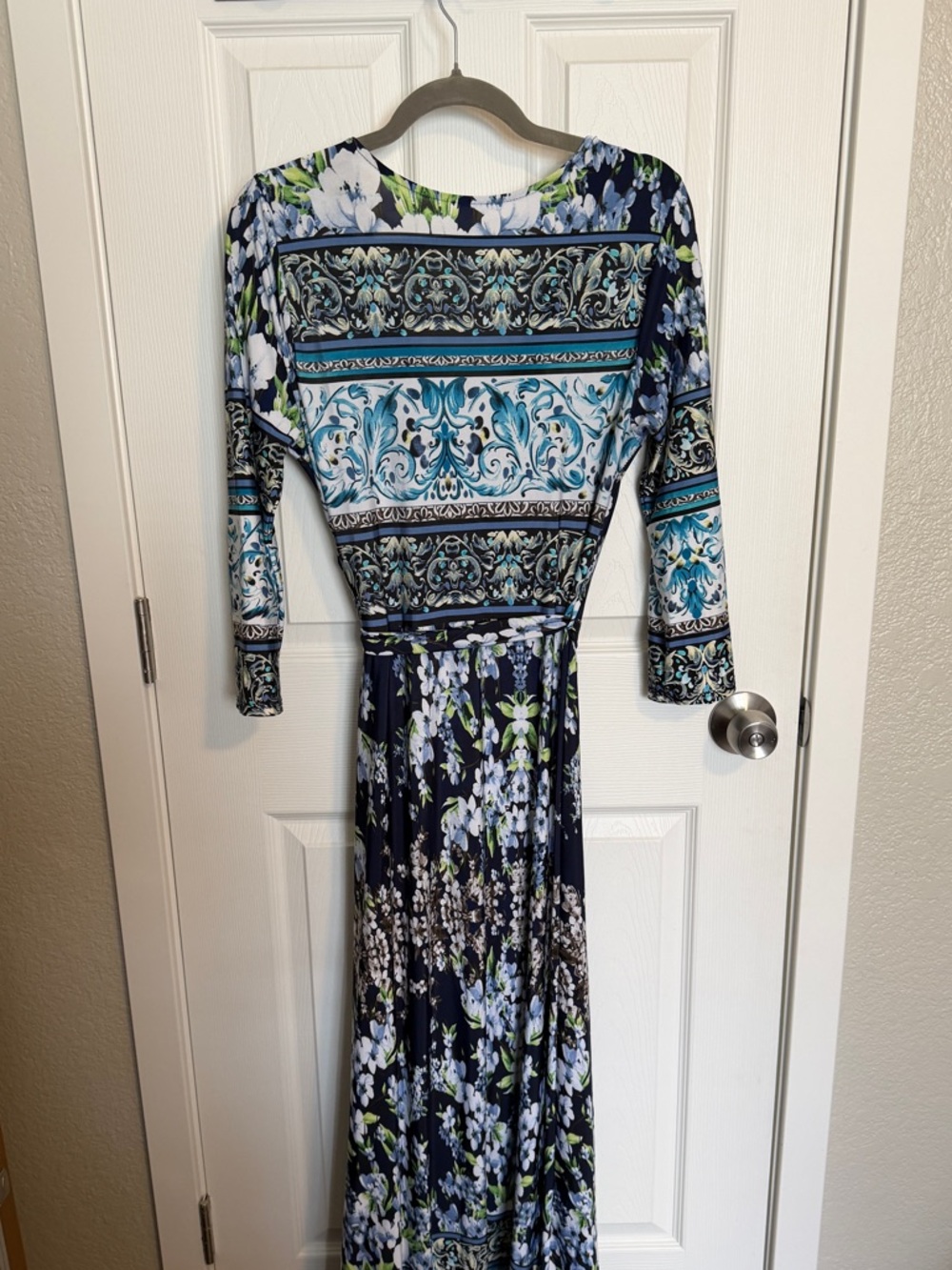 Tua Navy Garden Whimsy Floral Wrap Maxi Dress Size L Boho Long Sleeve Tie Waist - Picture 6 of 6